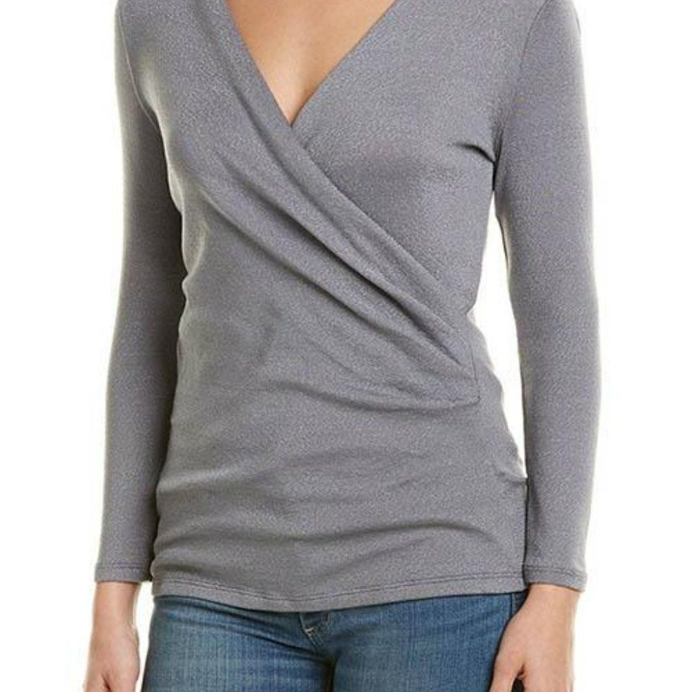 Michael Stars Shine Surplice Faux Wrap Top In Gray & Cinder-Red V-Neck Included